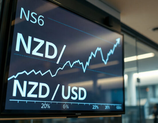 NZD/USD exchange rate chart showing upward movement on a trading screen