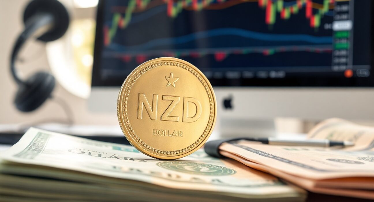 New Zealand Dollar coins and US Dollar banknotes on a financial news desk with a forex chart in the background