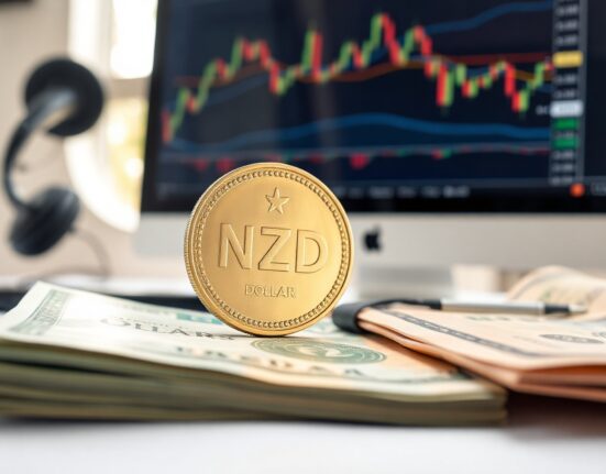 New Zealand Dollar coins and US Dollar banknotes on a financial news desk with a forex chart in the background