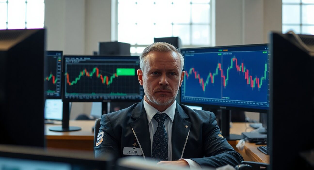 Financial analyst monitoring NZD/USD currency chart on multiple screens in a modern trading office