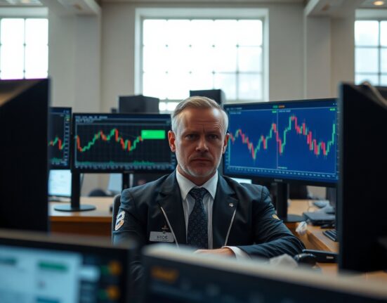 Financial analyst monitoring NZD/USD currency chart on multiple screens in a modern trading office