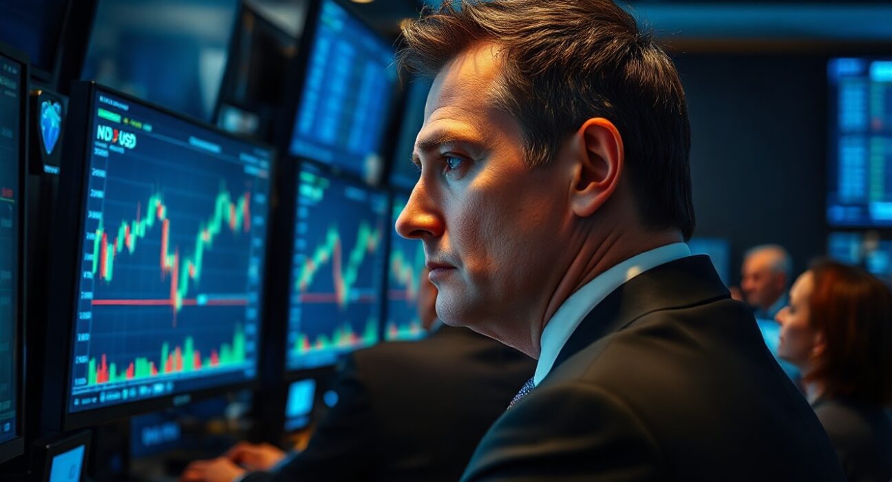 Professional forex trading desk with NZD/USD charts on multiple monitors, reflecting market caution amid geopolitical tensions