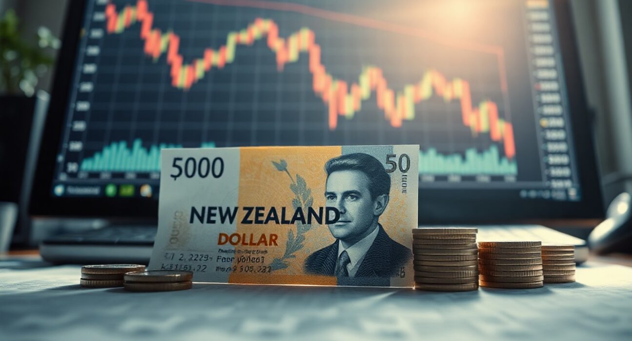 New Zealand Dollar banknotes and coins on a desk with a forex chart in the background, symbolizing currency market movements.