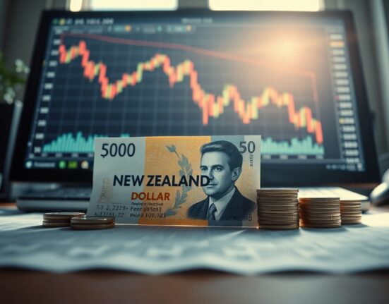New Zealand Dollar banknotes and coins on a desk with a forex chart in the background, symbolizing currency market movements.