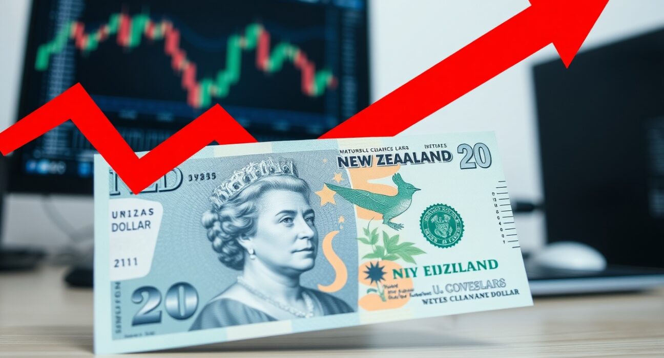 New Zealand Dollar banknote with US Dollar and downward arrow indicating currency decline after inflation data