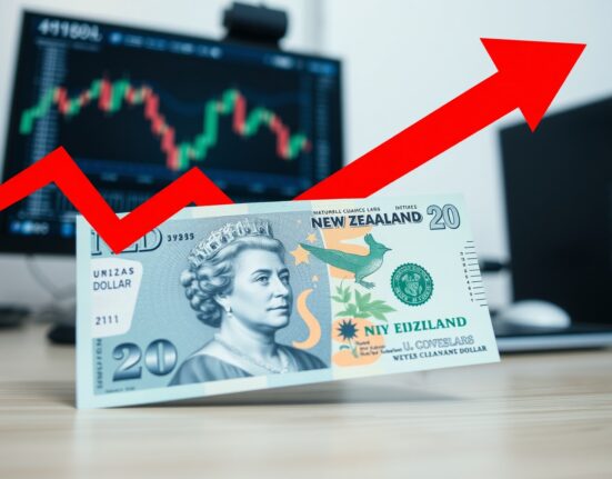 New Zealand Dollar banknote with US Dollar and downward arrow indicating currency decline after inflation data
