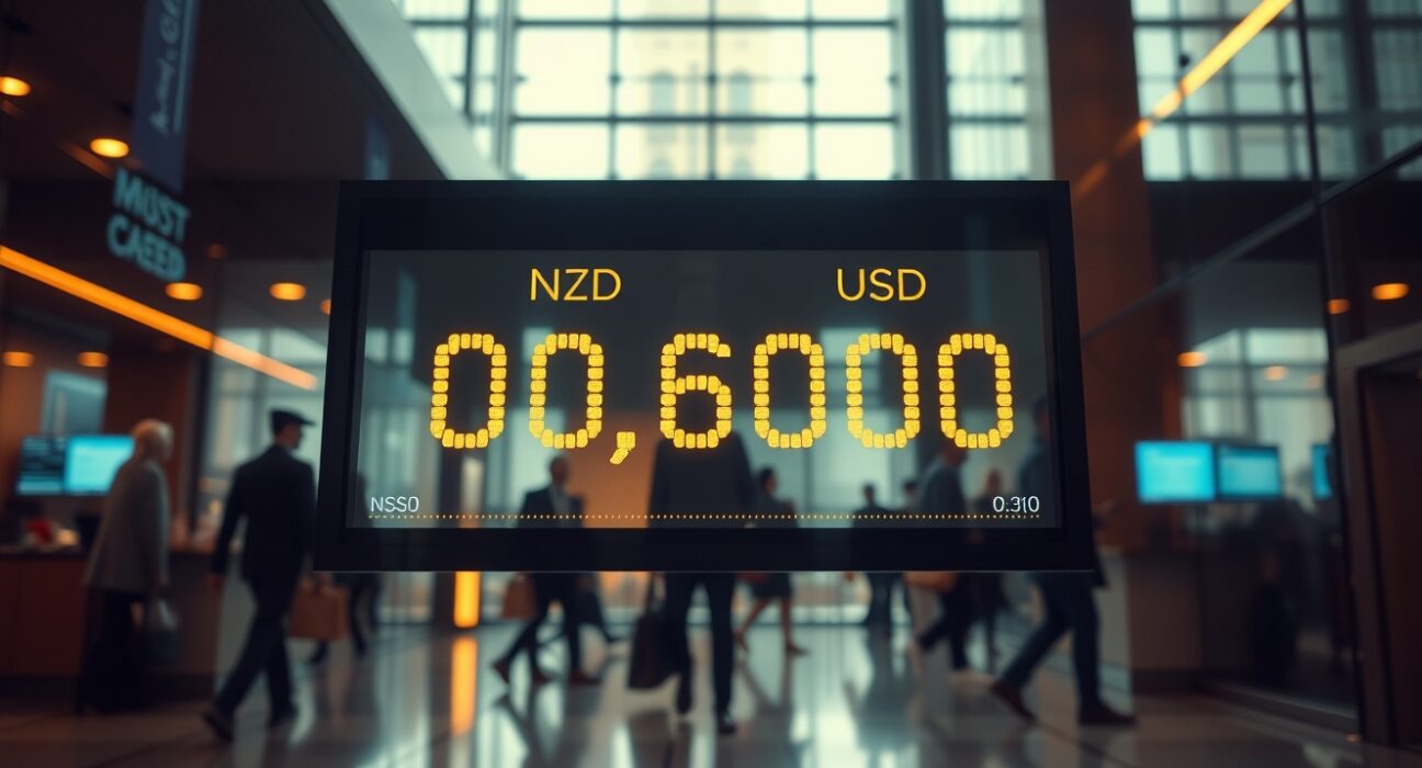Digital currency exchange board showing NZD/USD rate near 0.6000 in a financial district lobby