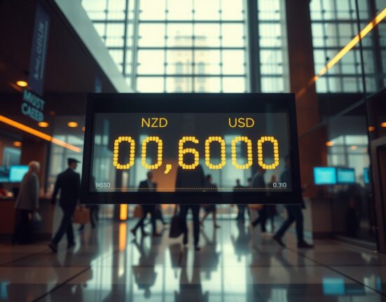 Digital currency exchange board showing NZD/USD rate near 0.6000 in a financial district lobby