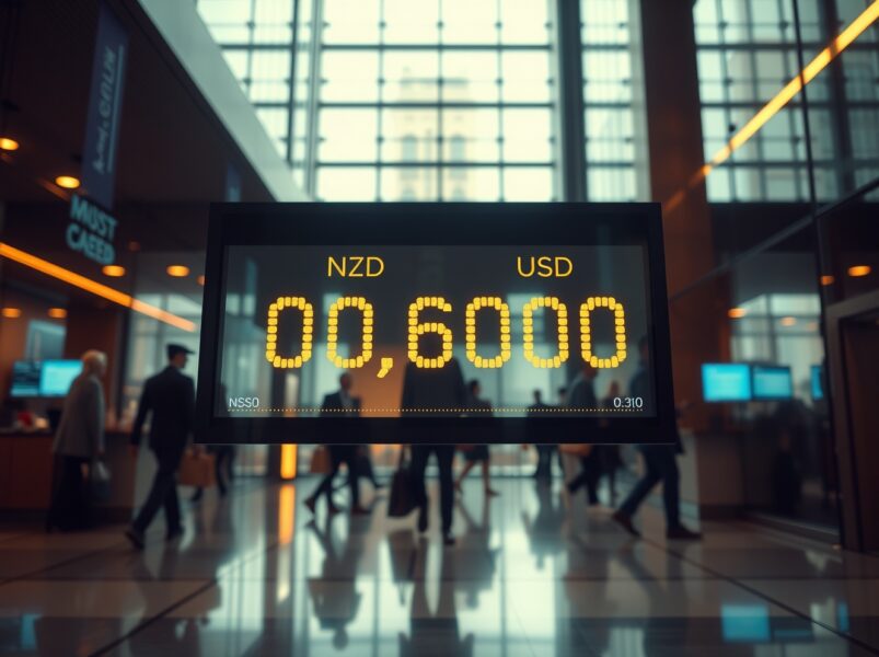 Digital currency exchange board showing NZD/USD rate near 0.6000 in a financial district lobby