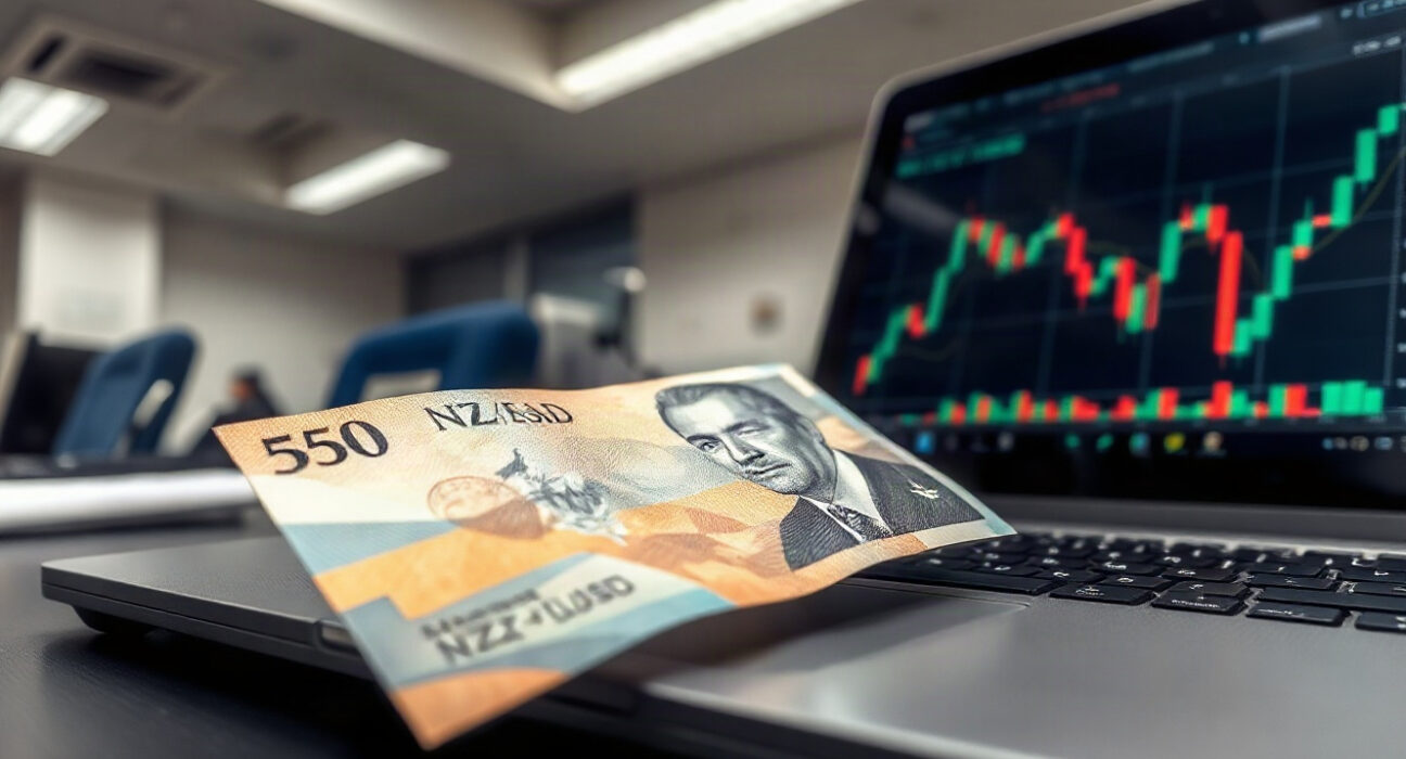 New Zealand Dollar banknote and NZD/USD chart on a trading desk