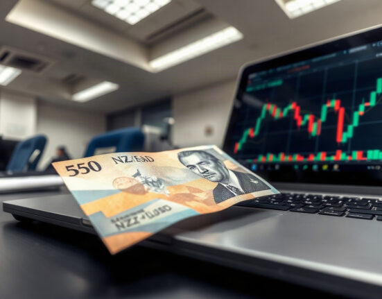 New Zealand Dollar banknote and NZD/USD chart on a trading desk