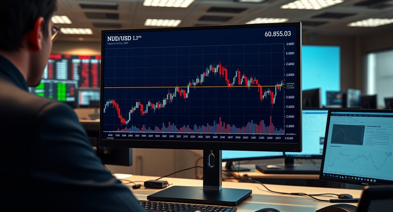Forex trading chart analysis showing NZD/USD price vulnerability below the 200-day moving average.