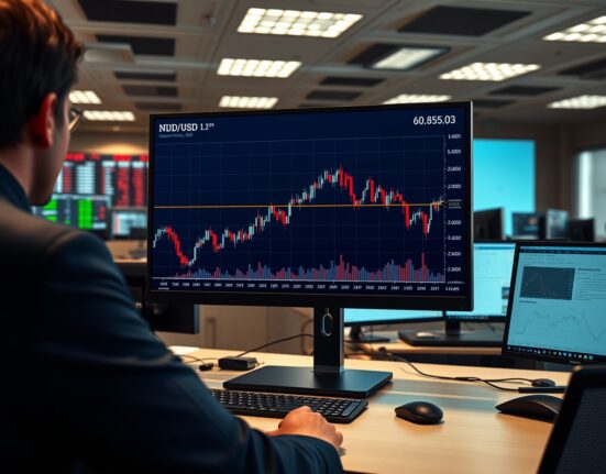 Forex trading chart analysis showing NZD/USD price vulnerability below the 200-day moving average.