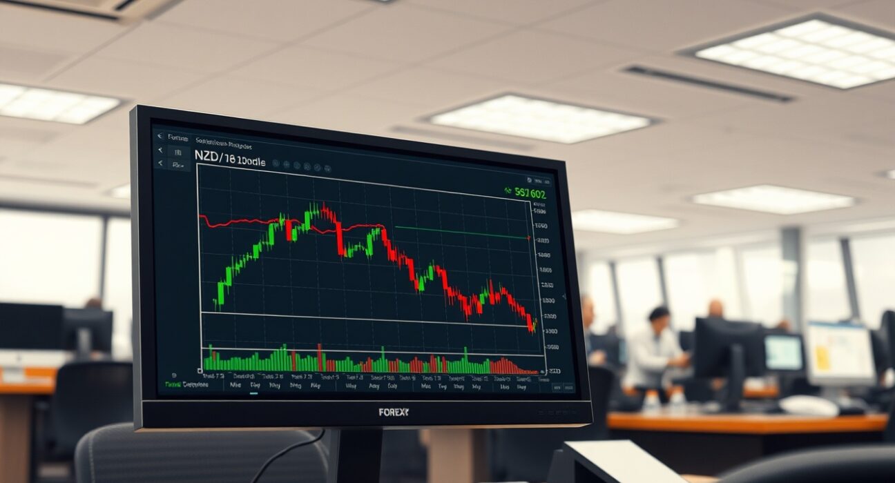 Forex trading chart showing the NZD/USD currency pair declining amid market uncertainty.