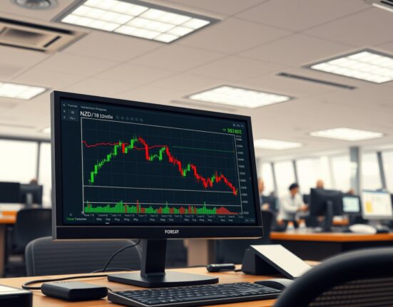 Forex trading chart showing the NZD/USD currency pair declining amid market uncertainty.