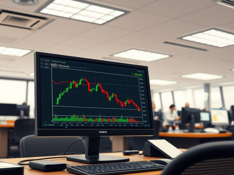 Forex trading chart showing the NZD/USD currency pair declining amid market uncertainty.