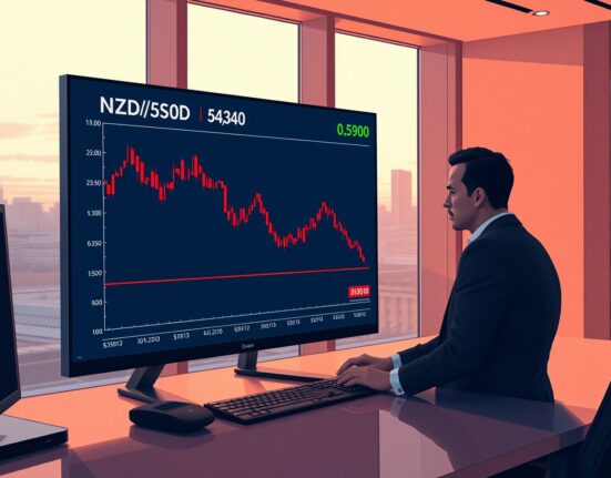 NZD/USD currency chart showing a decline below 0.5900 as Iran-US tensions boost US Dollar safe-haven appeal