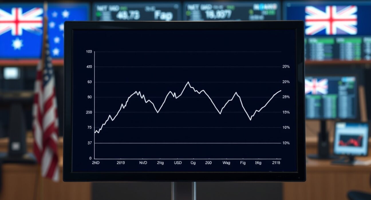NZD/USD exchange rate chart weakening ahead of Fed rate decision, illustrating forex market tension.
