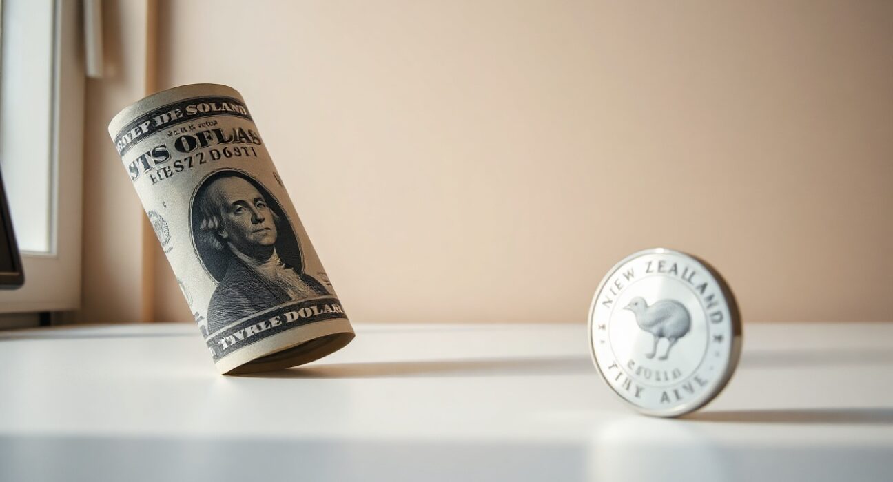 New Zealand coin and US dollar banknote on a desk, representing NZD/USD currency pair weakness
