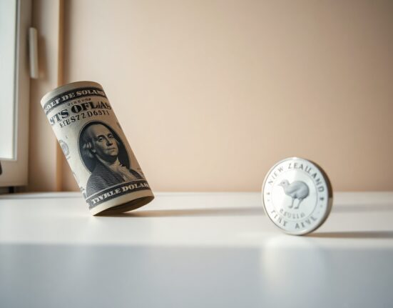 New Zealand coin and US dollar banknote on a desk, representing NZD/USD currency pair weakness