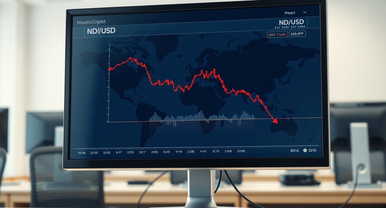 NZD/USD currency chart declining due to Iran war tensions impacting forex markets.