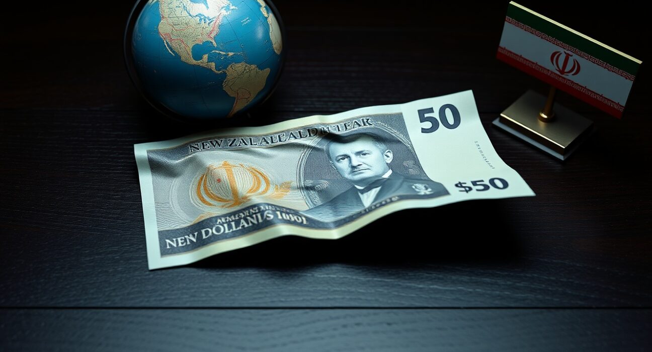 New Zealand Dollar banknote on wooden surface with globe and flags in background representing geopolitical pressure