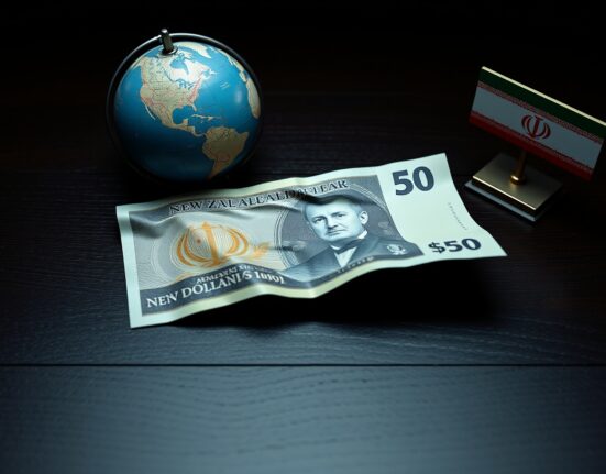 New Zealand Dollar banknote on wooden surface with globe and flags in background representing geopolitical pressure