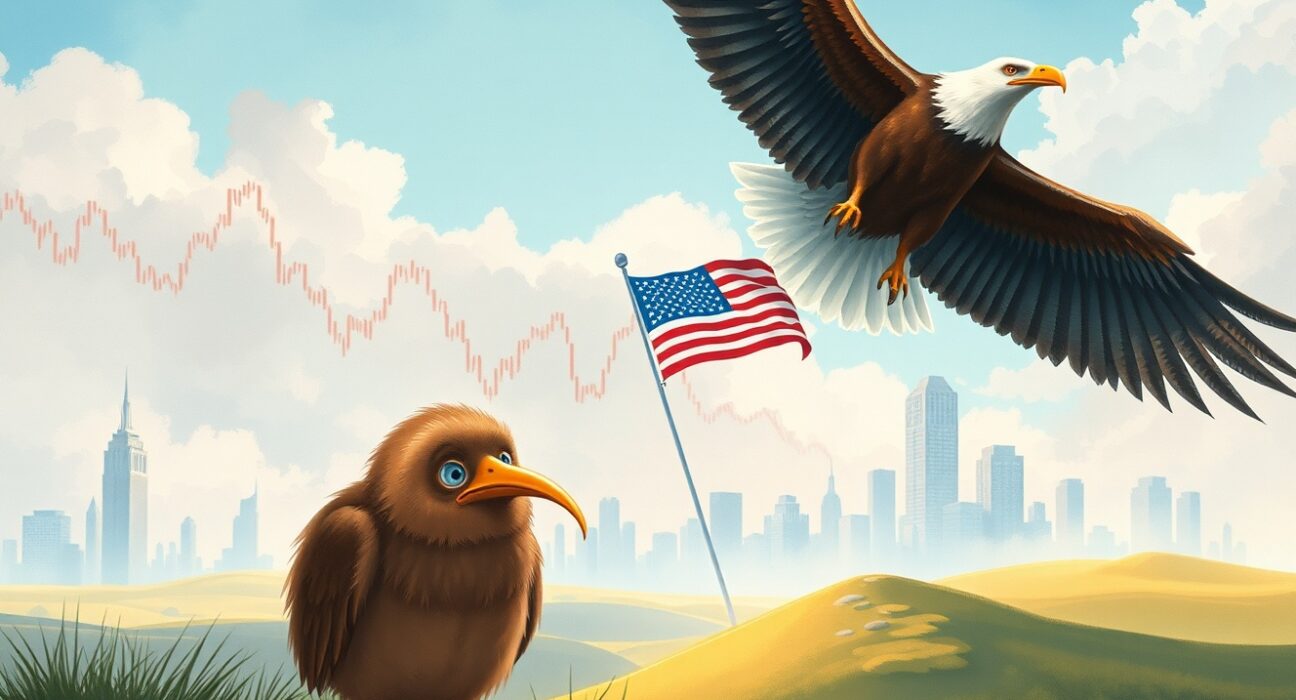 NZD/USD currency pair analysis showing kiwi dollar weakness against US dollar strength.