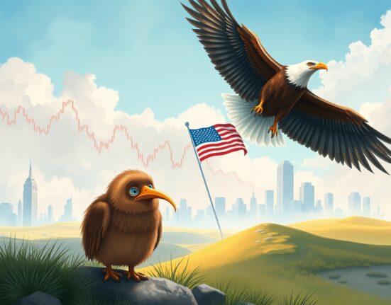 NZD/USD currency pair analysis showing kiwi dollar weakness against US dollar strength.