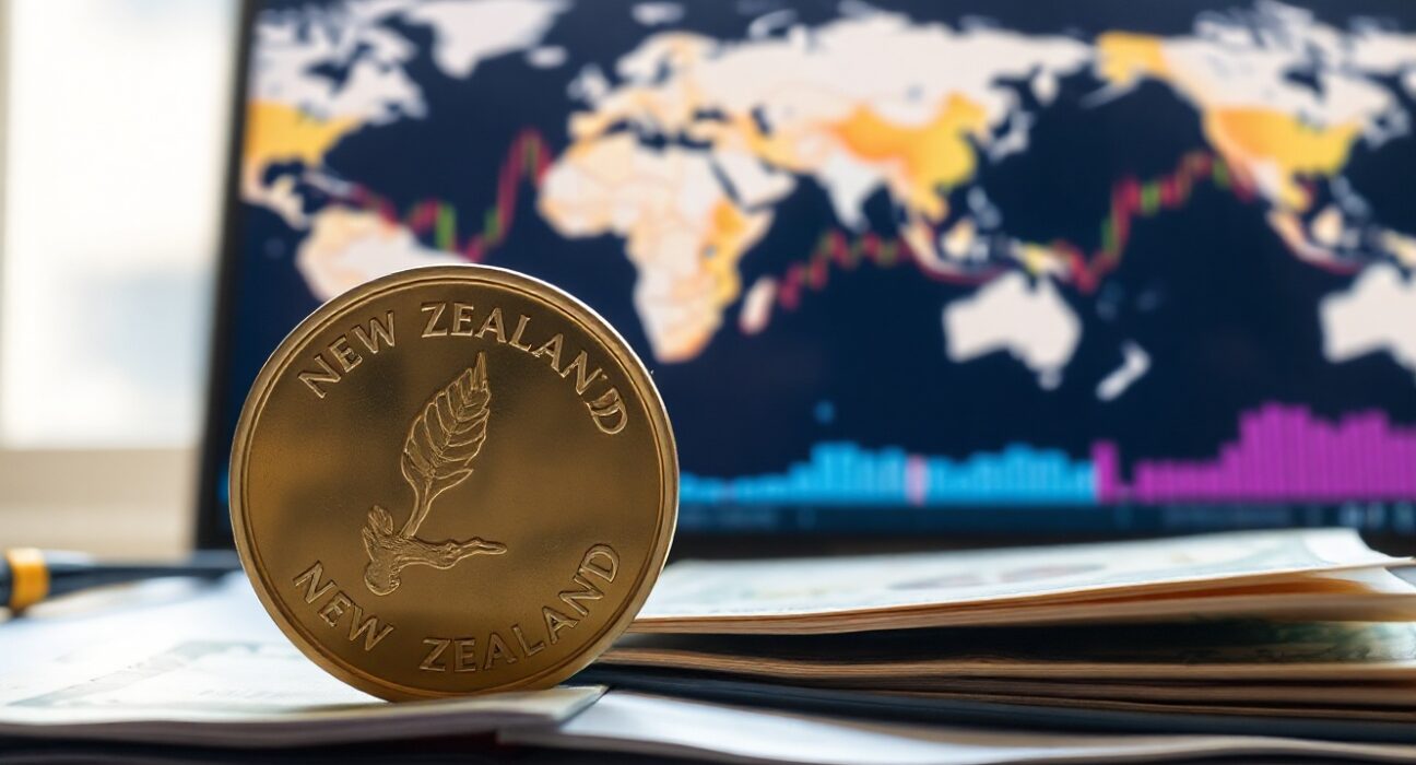 New Zealand dollar coin and US dollar bill on a financial desk, symbolizing currency markets amid geopolitical uncertainty.