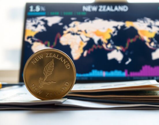 New Zealand dollar coin and US dollar bill on a financial desk, symbolizing currency markets amid geopolitical uncertainty.