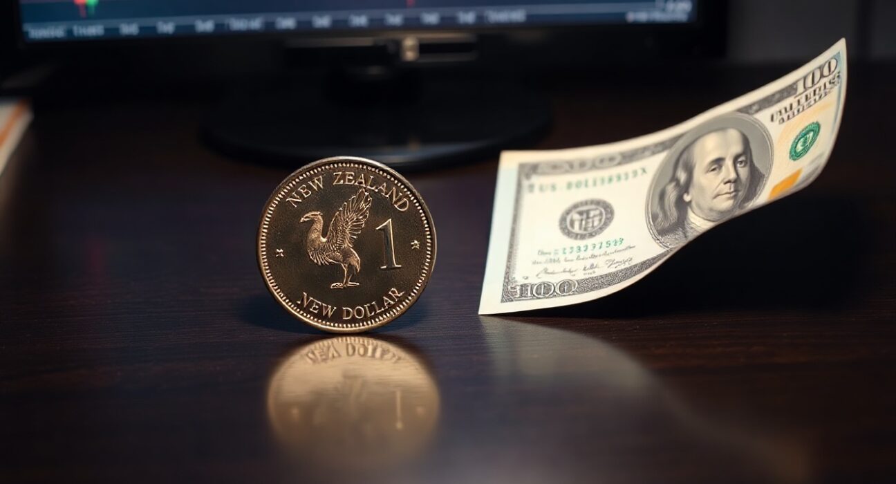 New Zealand Dollar coin and US Dollar bill on a desk, representing NZD/USD currency pair weakness.