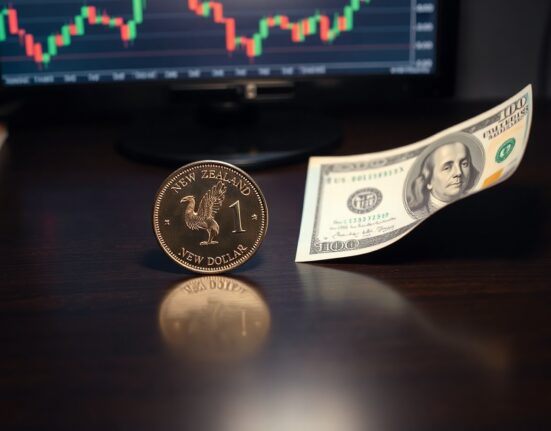 New Zealand Dollar coin and US Dollar bill on a desk, representing NZD/USD currency pair weakness.
