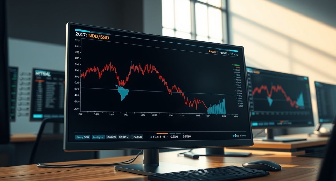 NZD/USD forex chart falling below 0.5850 amid US-Iran geopolitical uncertainty on a trading desk monitor.