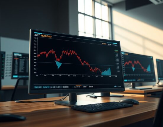 NZD/USD forex chart falling below 0.5850 amid US-Iran geopolitical uncertainty on a trading desk monitor.
