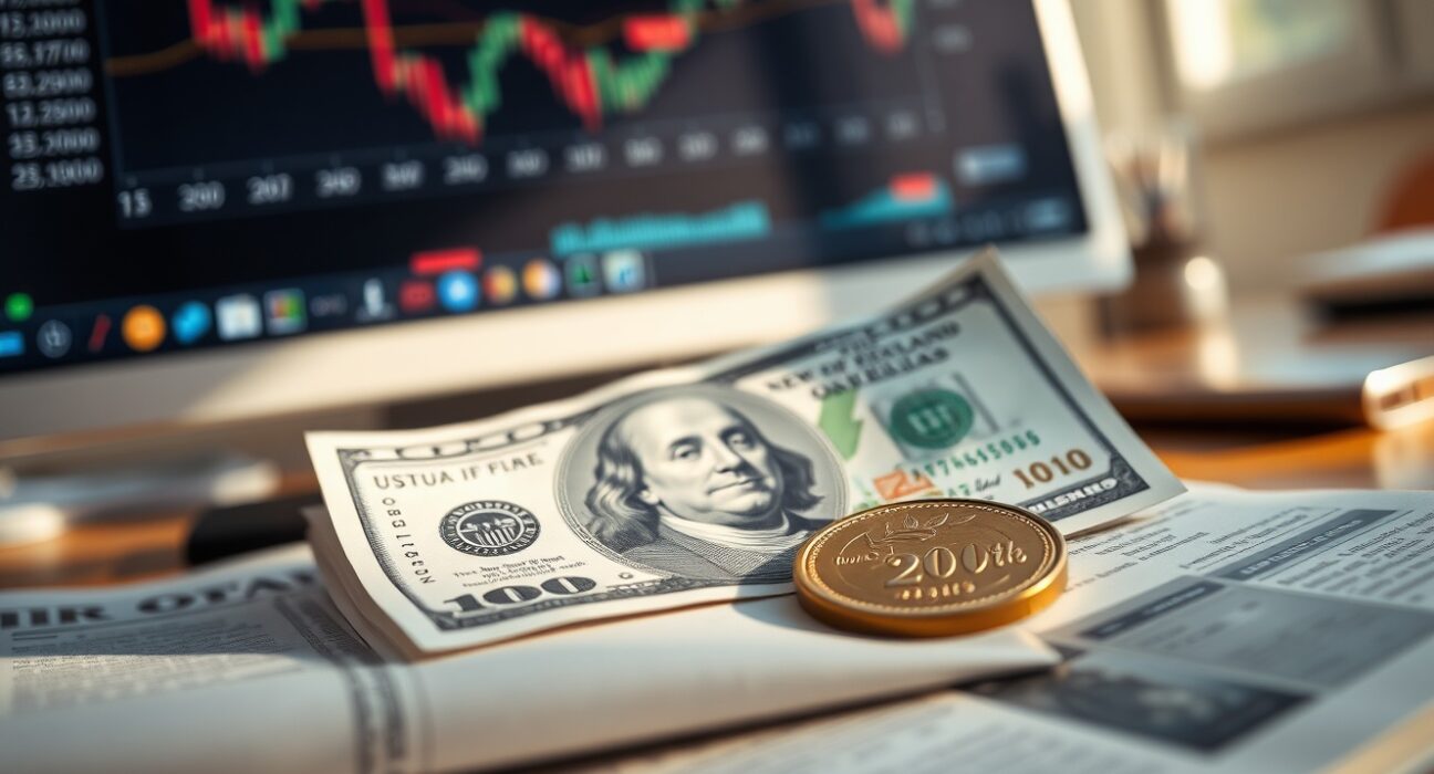 US dollar and New Zealand dollar on financial newspaper with forex charts in background