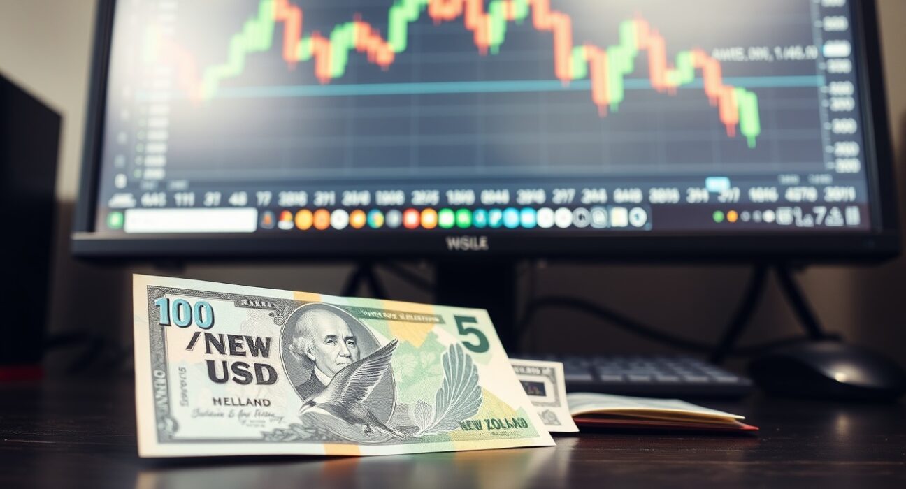 New Zealand Dollar and US Dollar banknotes on a trading desk with a forex chart in the background