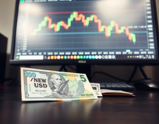 New Zealand Dollar and US Dollar banknotes on a trading desk with a forex chart in the background