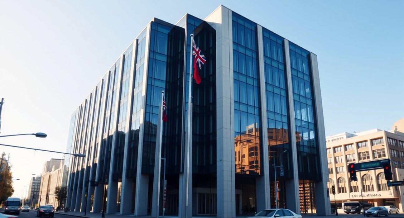 Reserve Bank of New Zealand headquarters representing monetary policy decisions affecting NZD/USD exchange rate.