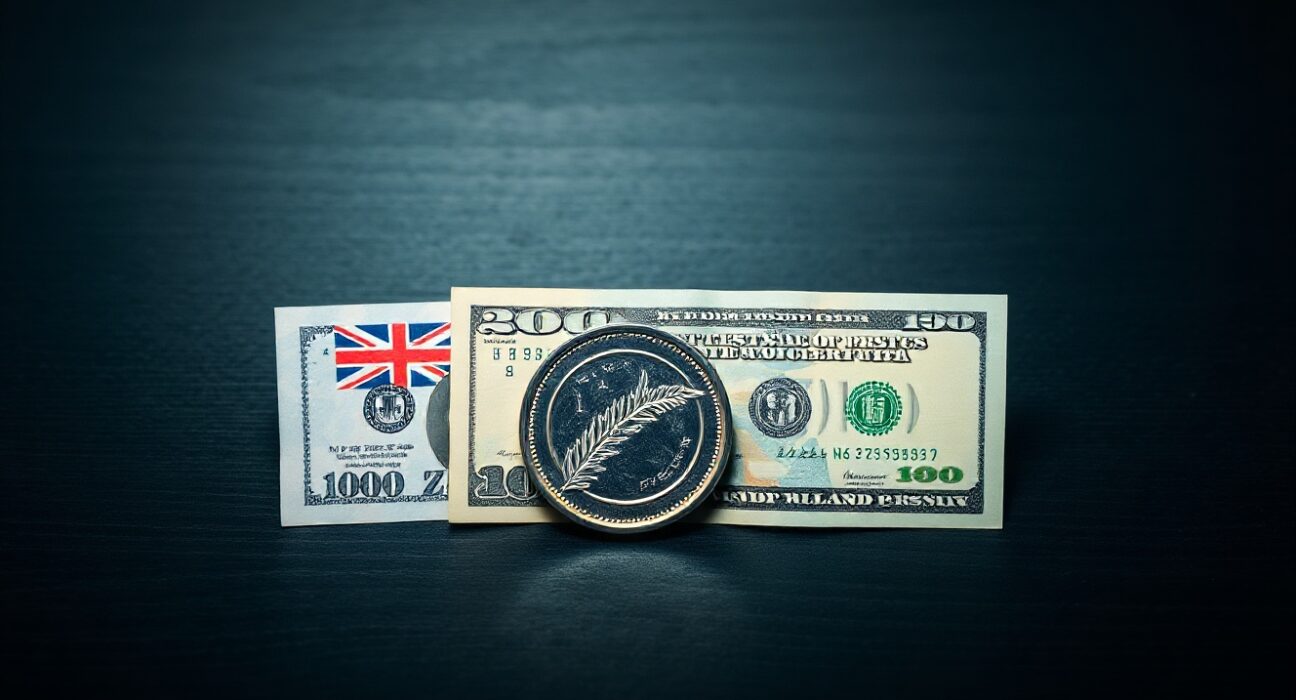 New Zealand Dollar coin and US Dollar bill on a wooden surface representing forex market dynamics
