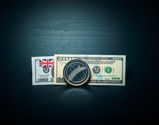 New Zealand Dollar coin and US Dollar bill on a wooden surface representing forex market dynamics