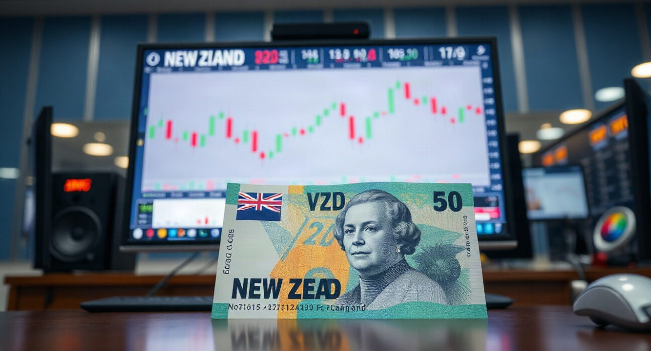 New Zealand dollar banknote with NZD/USD chart on monitor in background