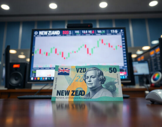 New Zealand dollar banknote with NZD/USD chart on monitor in background