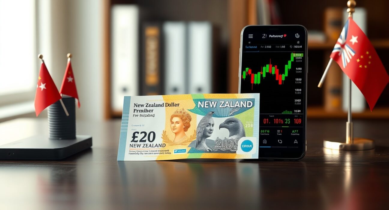 New Zealand Dollar banknote with smartphone showing financial chart and flags of China and New Zealand in background