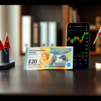 New Zealand Dollar banknote with smartphone showing financial chart and flags of China and New Zealand in background