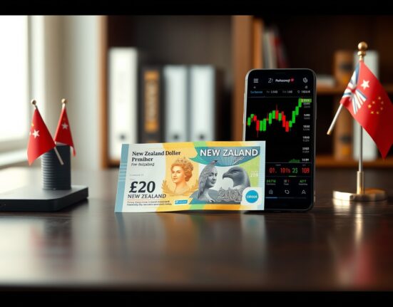 New Zealand Dollar banknote with smartphone showing financial chart and flags of China and New Zealand in background