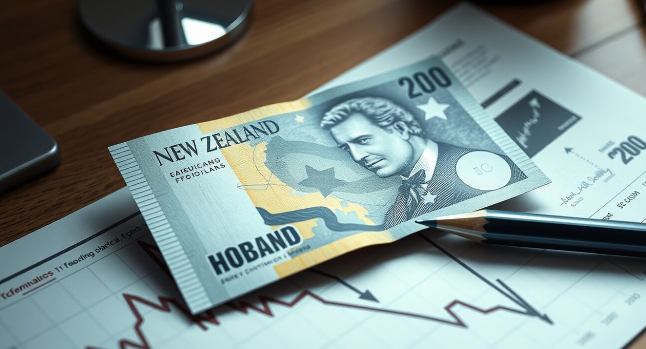 New Zealand Dollar banknote on financial chart with downward trend annotation