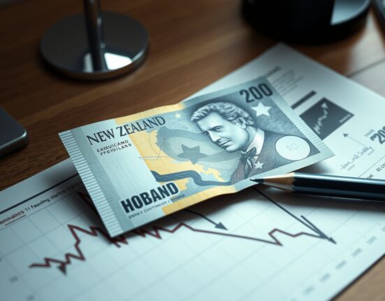 New Zealand Dollar banknote on financial chart with downward trend annotation