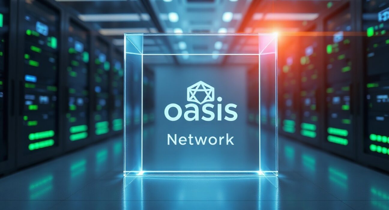 Oasis Network ROSE token crystal cube in a modern server room, representing blockchain technology.