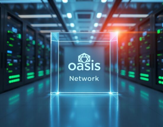 Oasis Network ROSE token crystal cube in a modern server room, representing blockchain technology.